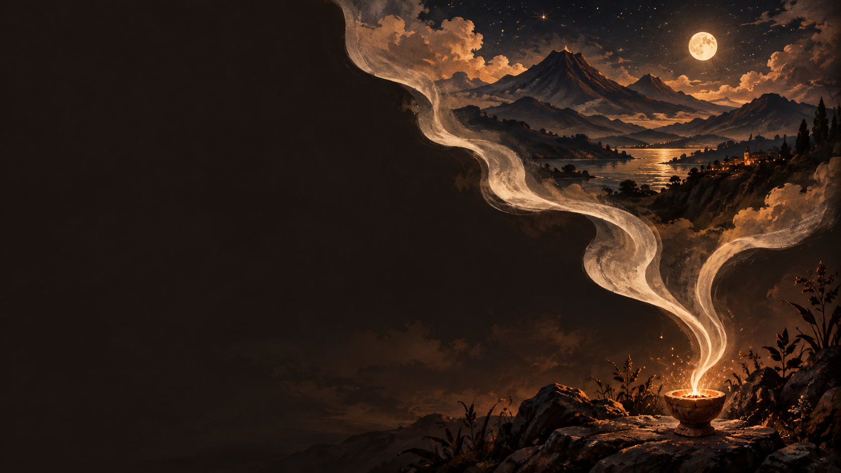 An illustrated night landscape of mountains and ribbons of smoke lit by an ember